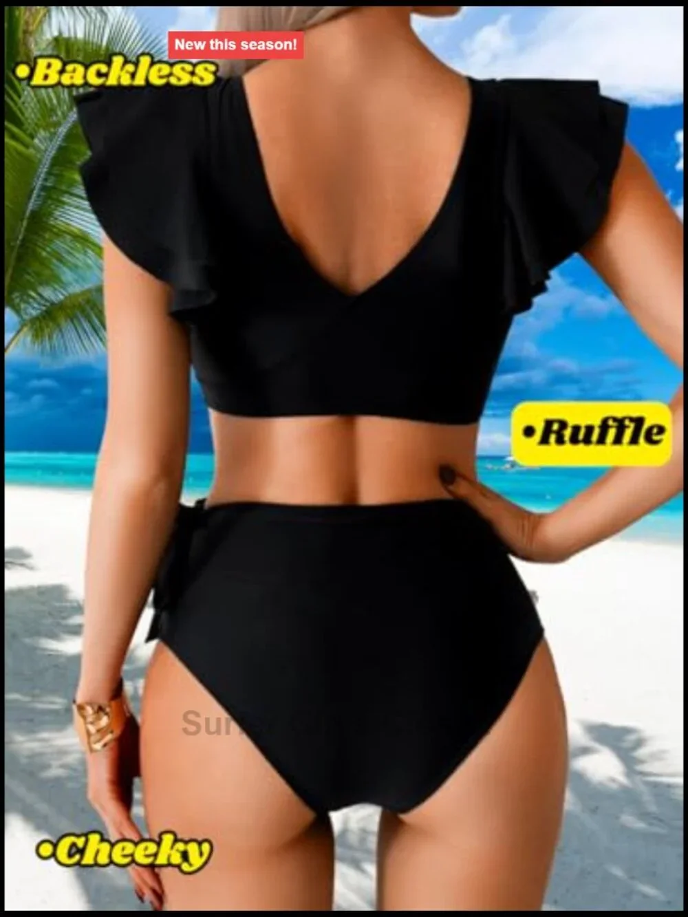 High Waisted 2 Piece Bikini Set, Tummy Control Ruffle V Neck Full Coverage